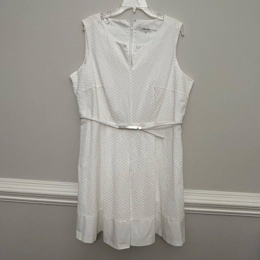 Calvin Klein Sleeveless White Eyelet Cotton Dress With Lining Plus Size 18W Belt
